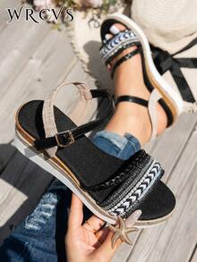 WRCVS Schwarze gewebte Riemen Plateau Keilsandalen, Plateausohle mit geflochtener Sohle, modische Urlaubssandalen, zufälliger Boho-Stil Plateau Outdoor-Schuhe, Sommer, Strandschuhe - Schwarz - Übersicht 2