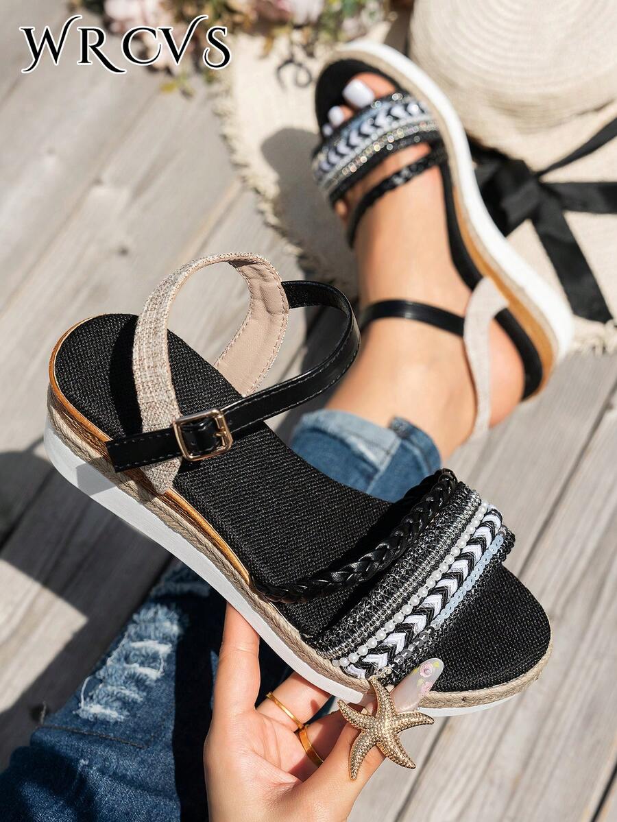 WRCVS Schwarze gewebte Riemen Plateau Keilsandalen, Plateausohle mit geflochtener Sohle, modische Urlaubssandalen, zufälliger Boho-Stil Plateau Outdoor-Schuhe, Sommer, Strandschuhe