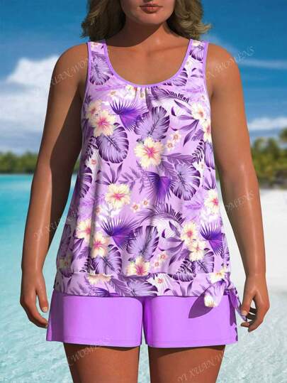 Plus Size Women's Tankini Set Tank Top&Shorts Purple Flowers And Leaves Floral Print