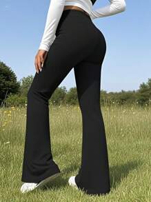 Women's High Waist Black Flare Pants, Slim Fit Sports Yoga Leggings, Compression Tight Pants For Running Workout, Stretchy Comfortable Casual Long Pants, Suitable For Dancing And Yoga, Women's Autumn Casual Wear