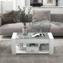 Sweiko Coffee Table, Chest Of Drawers, Living Room Furniture, With Drawer And Shelf, With Two Drawers, Large Open Space, Glass Table Top, 100 X 50 X 40 Cm