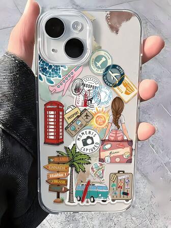 1 件时尚旅行元素拼贴图案全覆盖防指纹透明 TPU 软手机壳兼容 16 Promax/16/16 Pro/16 Plus/11/15/15 Pro/15 Promax/12/13/14 Promax/Xs/Xr/11 Pro/11 Promax/12 Pro/12 Promax/13 Pro/13 Promax/7 Plus/14 Pro/14 Promax/14 Plus/7 Plus/8 Plus/8/Se2/12 Mini/13 Mini，防黄变防水防震防摔防刮