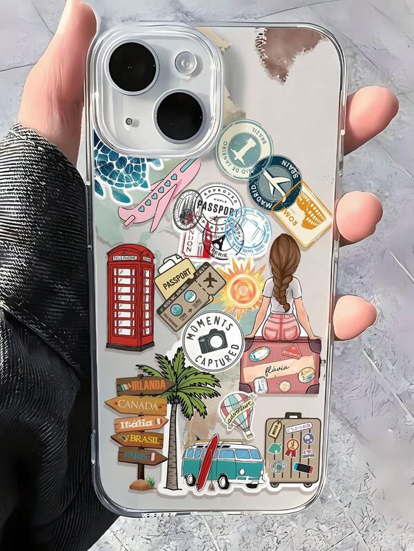 1pc Fashionable Travel Element Collage Pattern Full Coverage Anti-Fingerprint Transparent TPU Soft Phone Case Compatible With IPhone 16 Promax/16/16 Pro/16 Plus/11/15/15 Pro/15 Promax/12/13/14 Promax/Xs/Xr/11 Pro/11 Promax/12 Pro/12 Promax/13 Pro/13 Promax/7 Plus/14 Pro/14 Promax/14 Plus/7 Plus/8 Plus/8/Se2/12 Mini/13 Mini, Anti-Yellowing