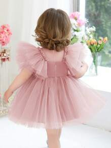 Baby Mädchen Pailletten Schleife Tüll Kurzarm Elegantes Kleid, Prinzessinnenkleid geeignet als Geschenk zum 1. Geburtstag, für Bankette, Partys, Hochzeiten als Blumenmädchen Outfit