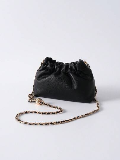 新款极简复古时尚金色金属链条串珠PU纯色单肩斜挎包，可拆卸肩带褶皱云朵包，适合外出、购物、拍照、工作/通勤、办公室和日常使用，可搭配圣诞节和冬季圣诞礼物