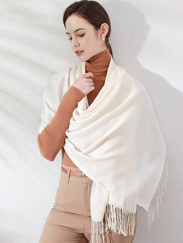 1pc Women's Solid Color Faux Cashmere Fringe Scarf, Elegant & Simple Shawl, Windproof Warm Soft Scarf For Daily, Wedding, Evening Gown, Travel, Office, And Gift