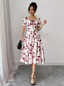 Vestido casual de verão, elegante e romântico, com estampa floral de rosas, manga bufante e cordão, comprimento midi