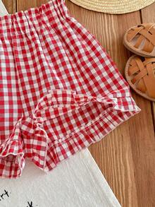 Young Girl Plaid Print Shorts For Spring And Summer - Red - View 5