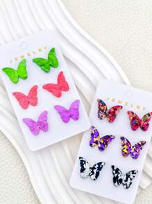 3 pares de aretes tipo mariposa de acrílico en colores brillantes surtidos, con un toque de brillo, apropiados como regalo para mujeres jóvenes y parejas