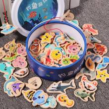 Holz Kinder Fischen Spielzeug, Baby Frühförderung Puzzle Cartoon lustige magnetische Meeresbiologie kognitive Simulation Angelset (15 Tüten mit kleinen Fischen zufällig zugewiesen)