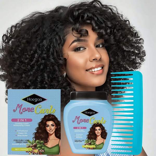 Hoegoa More Curls Acondicionador y crema de peinado 2 en 1 sin enjuague, cuidado del cabello con aceite de ricino y manteca de karité, hidratación intensa para cabello rizado y encrespado, fórmula ligera y rica en proteínas, de rápida absorción, esenciales para el cabello en verano | Aspecto natural | Tratamiento nutritivo