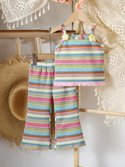 Baby Girl Floral Decorated Tassel Strap Top And Pants Casual Outfit, Summer