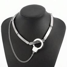 1pc Exaggerated Sexy Silver Metal Lock Clasp Necklace, Titanium Steel Geometric Splice Design, Smooth & Durable Chain, Hypoallergenic, Fade-Resistant, Suitable For Men & Women Party Outfit