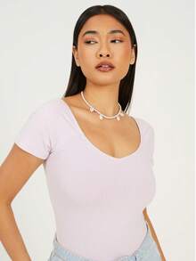 brave soul T-Shirt Bodysuit With Gathered Detail, Pastel - Dusky Lilac - View 3