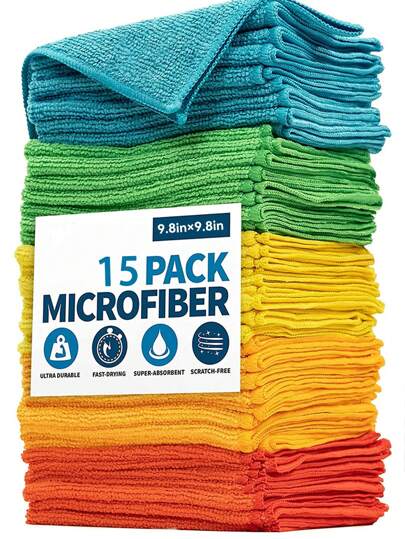 15 piezas/Toalla de cocina, Juego de paños de limpieza de microfibra multicolor, Paños absorbentes y suaves para eliminar manchas para limpiar vidrio, estufa, olla, tazón, grifo, campana extractora, limpiar automóvil, cocina, baño, hogar, proveedor de artículos del hogar (colores enviados al azar)