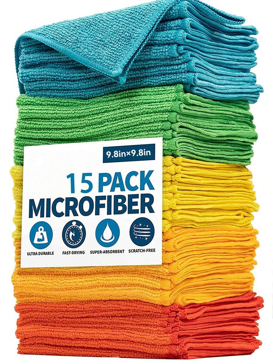 15条/厨房毛巾，超细纤维多色清洁布套装，吸水性强，柔软去污布，适用于清洁玻璃、炉灶、锅、碗、水龙头、抽油烟机、汽车擦拭布，厨房、浴室、家居用品供应商