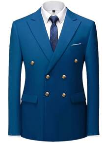 Setelan Jas Pria Model Baru, Warna Polos, Potongan Slim Fit, Bahan Stretch, 2 Potong, Termasuk Jaket Kancing Ganda & Celana Panjang, Pakaian Jas Formal untuk Kerja - Teal Blue - View 3