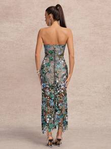 Vestido formal elegante de mujer con doble capa de bustier con cuentas, adecuado para invitados de boda