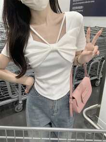 方领短袖蝴蝶结T恤，修身修身上衣 - 白色 - 查看 4