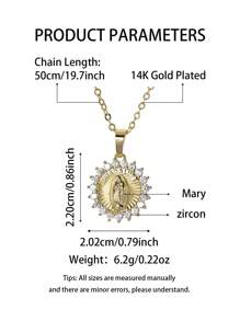 1pc Elegant Virgin Mary Women's Pendant Necklace,14K Gold Plated Stylish Round Sun Pendant With Micro-Set Shiny Zirconia,Guadalupe Script,Religious Believer Jewelry.Perfect For Daily Wear,Layering,Vacation,Holidays,Weddings And Prayers.Perfect Gift For Your Girlfriend,Friend,Mother.
