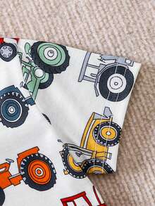 2 sztuki/zestaw dla chłopców, letni T-shirt z okrągłym dekoltem i nadrukiem w kształcie samochodu z kreskówek oraz modne sprane spodenki jeansowe