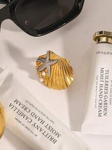 Bague minimaliste avec design d'étoile de mer et coquillage, bague de coquillage de palourde de plage, bague de style ajustable ouverte pour femmes