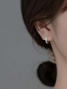 1 par de pendientes de aro de cadena doble hueca delicada de plata esterlina S925 para mujeres - Unitalla - Ver 3