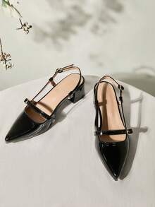 Women's Pointed Toe Chunky Heel Low Vamp Slip-On Fashion Sandals Winter Gifts - Black - View 1