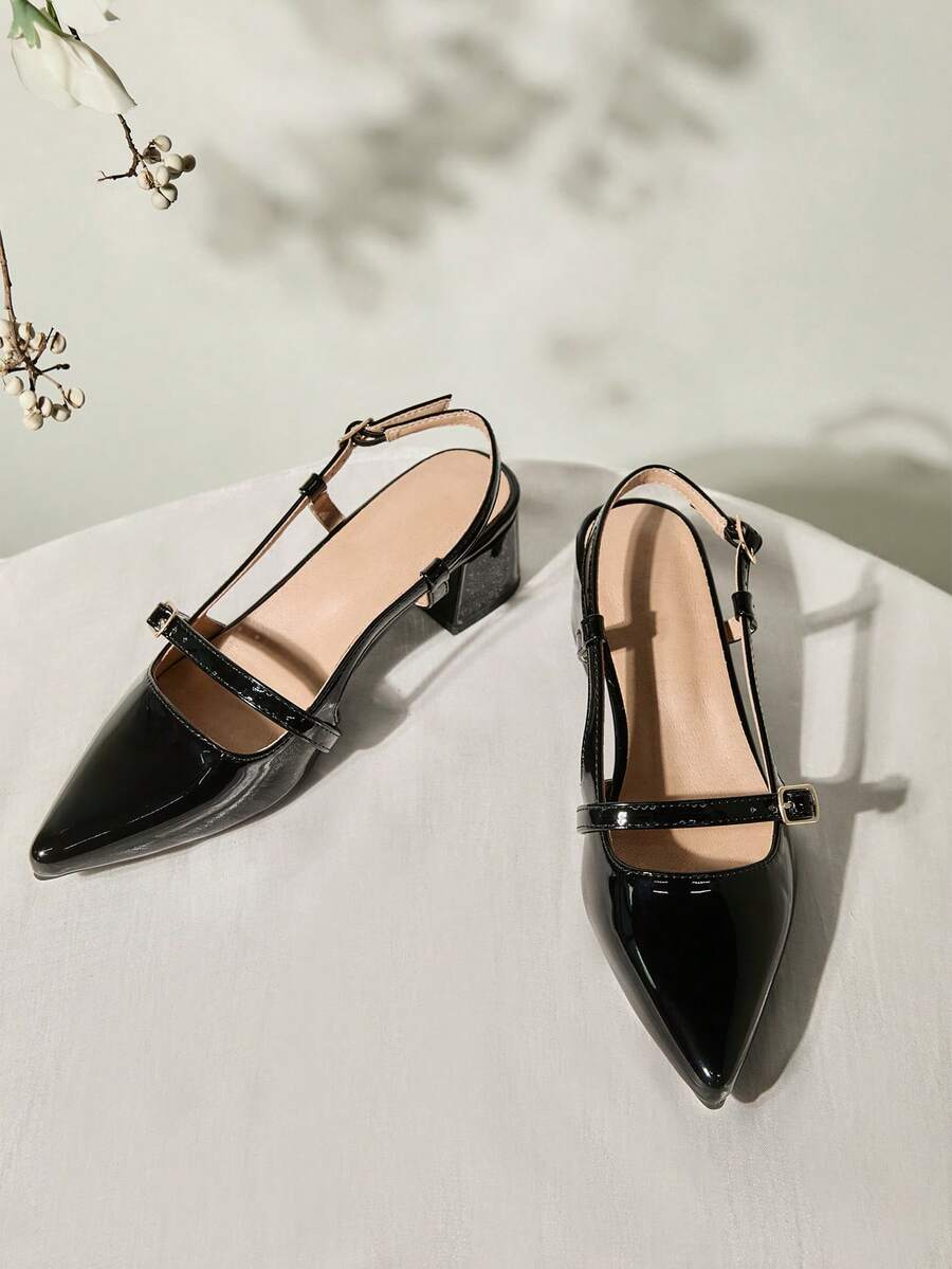 Women's Pointed Toe Chunky Heel Low Vamp Slip-On Fashion Sandals Winter Gifts - Black - View 1