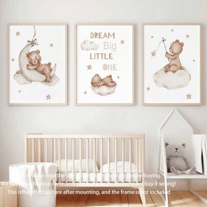 Charming Dream Bear Nursery Art Set: 1 Or 3 PiecesGold Decorative Wall Decor With Clouds, Stars, And "Dream Big Baby" Motivational Slogan - Unisex Baby Room Decor