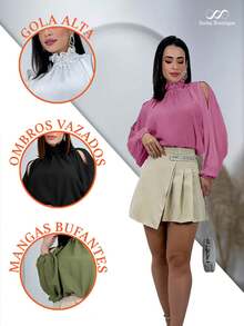 Women's Cropped Blouse Long Sleeve Puffed High Neck Ruffled Mother's Day Launch 2025 - Orange - View 7