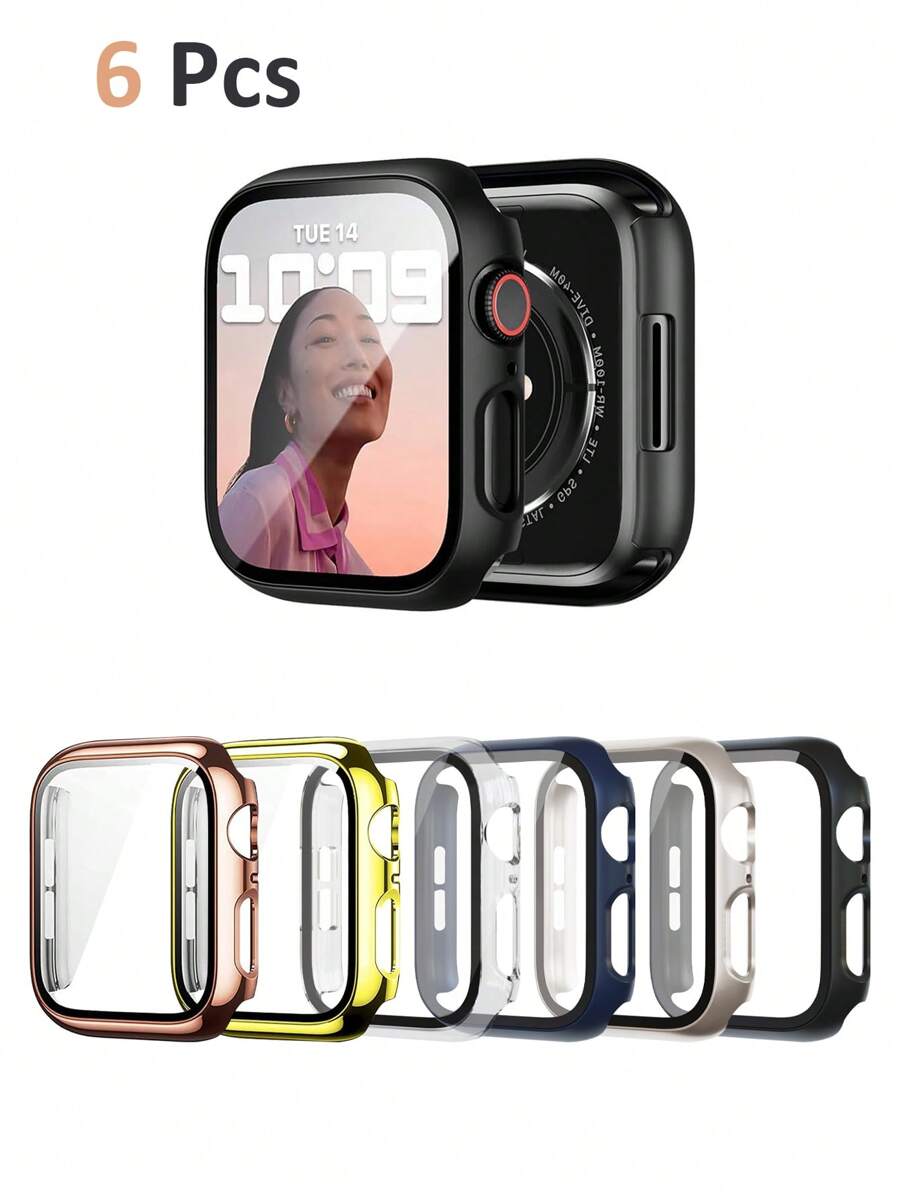 6 PIEZAS Compatible con la carcasa y la pantalla del Set de 6 colores de combinación para hombres y mujeres Anticaída, Scratch-Resistant, PC resistente al agua y al polvo Protector de pantalla de vidrio templado integrado Protector del reloj Compatibles con Applewatch 40/44/42 (S10) MMMM Funda protectora deportiva de moda compatible con el AppleWatch Series 10/Ultra/9/8/7/6/SE/5/4 Estuche de repuesto conveniente para todo el daño de la protección del Watch