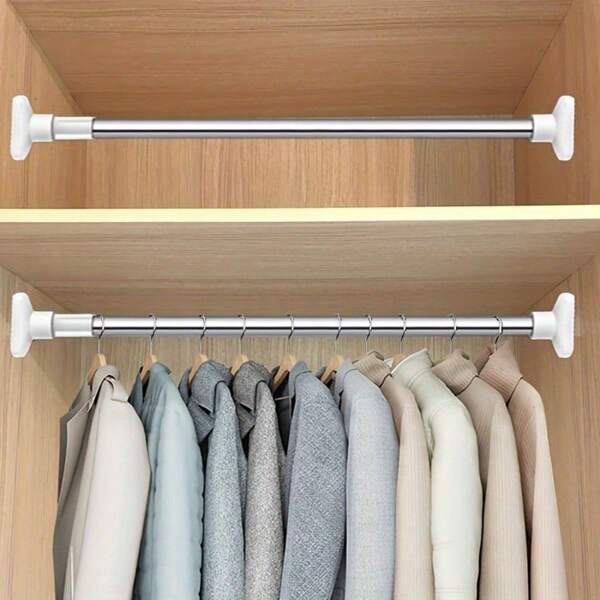 1/2pcs Thickened Stainless Steel No Drill Retractable Curtain Rod/Tension Pole For Balcony, Clothes Drying Rack, Shower Curtain