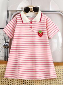 Vestido-camiseta de punto con cuello polo, estampado de rayas y bordado de fresa, ideal para exterior, sesiones de fotos, uso diario, escuela, imprescindible para primavera y verano para niñas