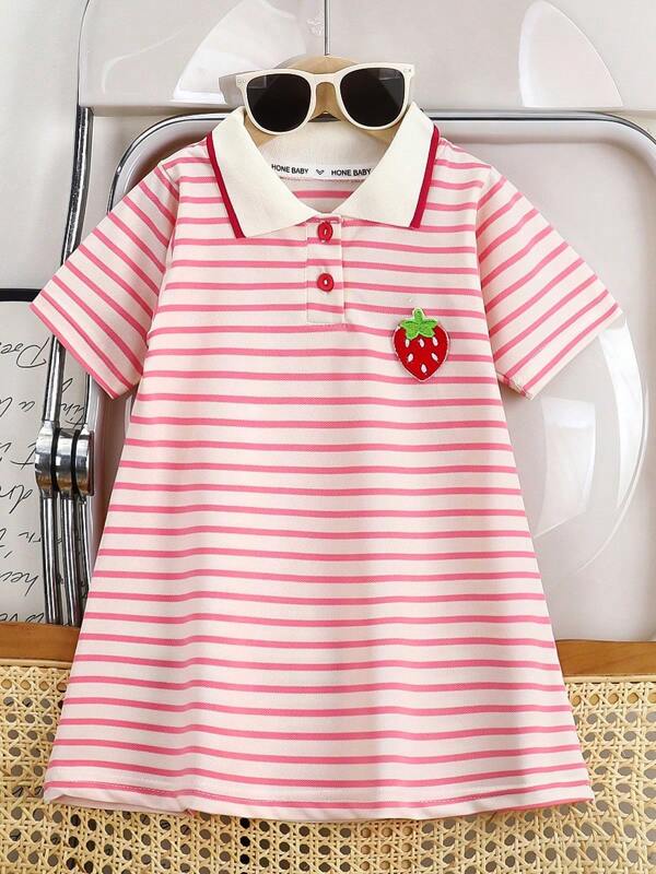 Vestido de malha com gola polo bordada e listras doces para meninas, ideal para atividades ao ar livre, ensaios fotográficos, uso diário, escola, indispensável para a primavera e o verão