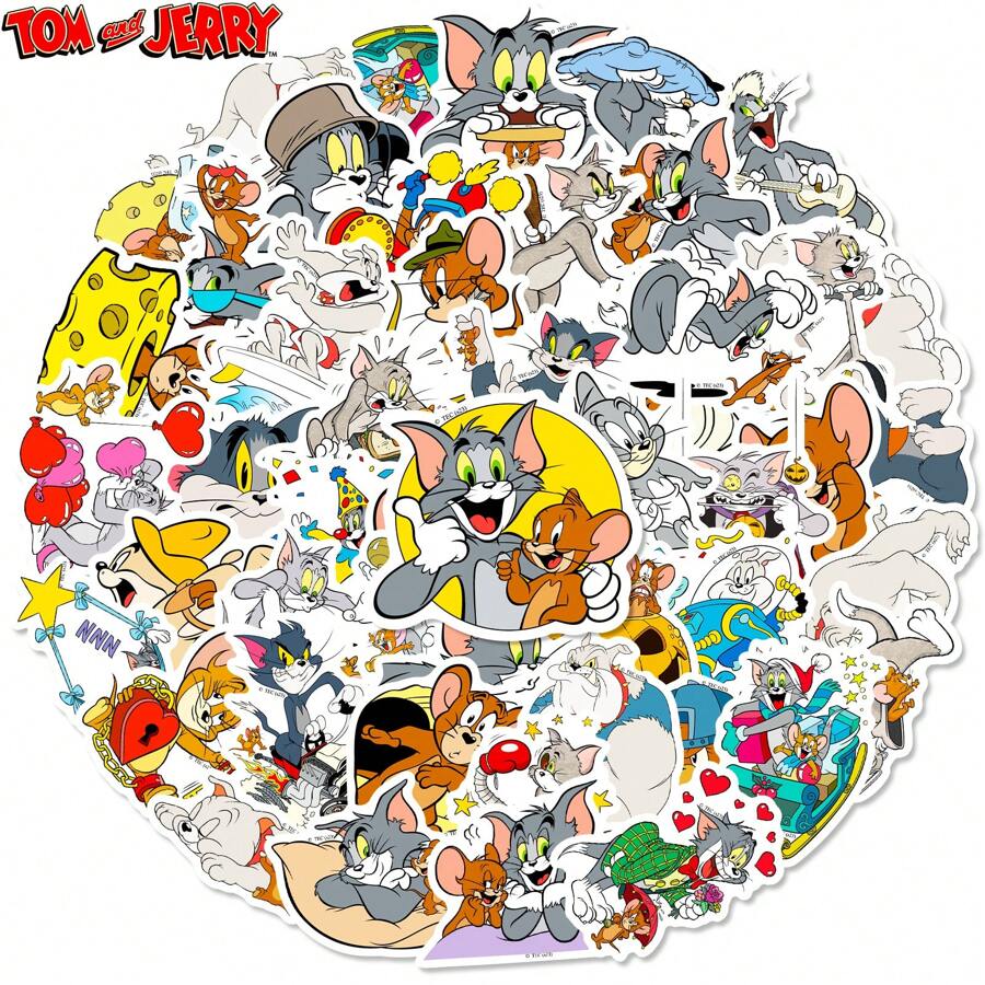 TOM AND JERRY. 50 PIEZAS Pegatinas de dibujos animados Tom y Jerry, Pegatinas decorativas de gato y ratón en versión de role-playing para fiesta, laptop, estuche de lápices, guitarra, equipaje, pegatinas de animales lindas para niños, adolescentes y adultos [Licenciado oficialmente]