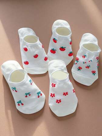 5 Pairs Women Invisible Low Cut Socks, Cute Cherry Fruit Pattern, Thin & Breathable Sockette For Summer, Student Casual Socks For Daily Wear, Versatile Sockette, No Card