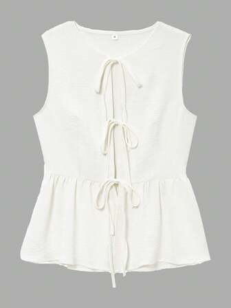 女式前系带休闲夏季纯色无袖荷叶边衬衫