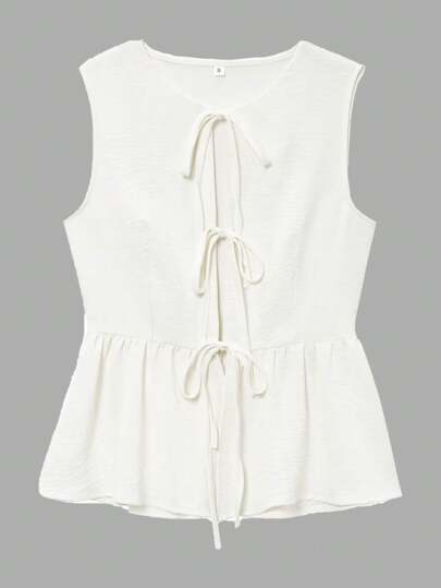 Women's Front Tie Casual Summer Solid Color Sleeveless Ruffle Blouse