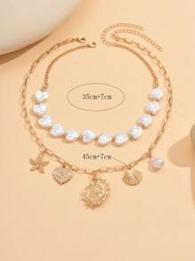 Set de 2 collares con colgante de concha marina para mujer, collar de metal dorado con perla artificial, accesorio versátil para uso diario, citas, fiestas y viajes