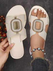 Sandalias planas tipo diapositiva mate vintage con hebilla de metal, versátiles y casuales para la playa o vacaciones, apropiadas para adolescentes y mujeres, de verano
