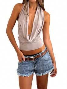 Women Y2k Halter Neck Tank Tops Summer Sleeveless Backless Cowl Neck Crop Tops Slim Fit Ruched Shirts Vintage Deep V Neck Cami Vest Going Out Tops Party Clubwear Fairy Grunge Gothic Graphic Printed Aesthetic Clothes - Màu Xám nhạt - Xem 2