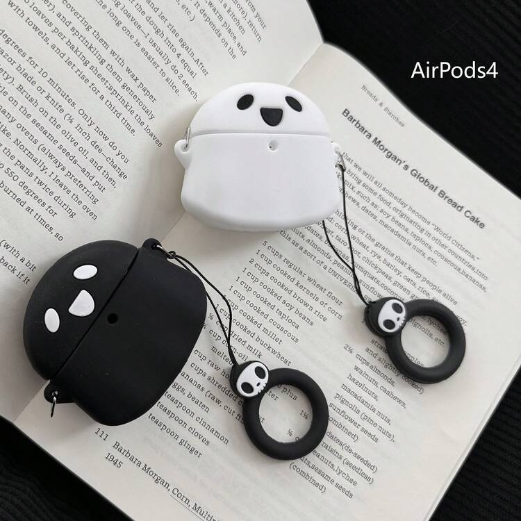 万圣节手机壳可爱神秘黑白幽灵 3D 硅胶耳机壳带绑带适合 Apple Pro 2 壳/Pro 壳/4 壳/3 壳/2 壳、时尚女式耳机壳、简约耳机壳、Apple 耳机壳、Apple 耳机套 - 白色 - 查看 5