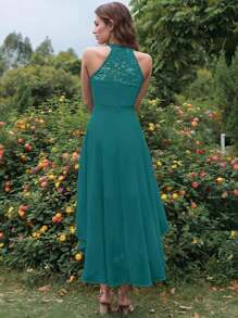 Abito in pizzo, abito da cocktail, scollo a V, lunghezza media, decorazione con cintura, scollatura, pizzo, abito da sera, temperamento, moda elegante, a strati