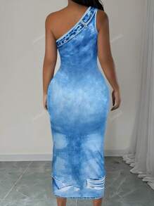 Women's Slim Fit Digital Print Open Shoulder Long Denim Dress, Summer