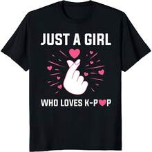 Just A Girl Who Loves K-Pop T-Shirt - Leuk K-Pop Fan T-Shirsthetic Y1343K Style Summer Top, Loose Fitting T-Shirt For Outdoor, Home, Work Or Street Leisure, Soft And Durable Pure Cotton Fabric, Retro And Soft Design, I Gift For , Fashionable And Comfortable Shirt For Travel, Festivals Or Weekends - Black - View 1