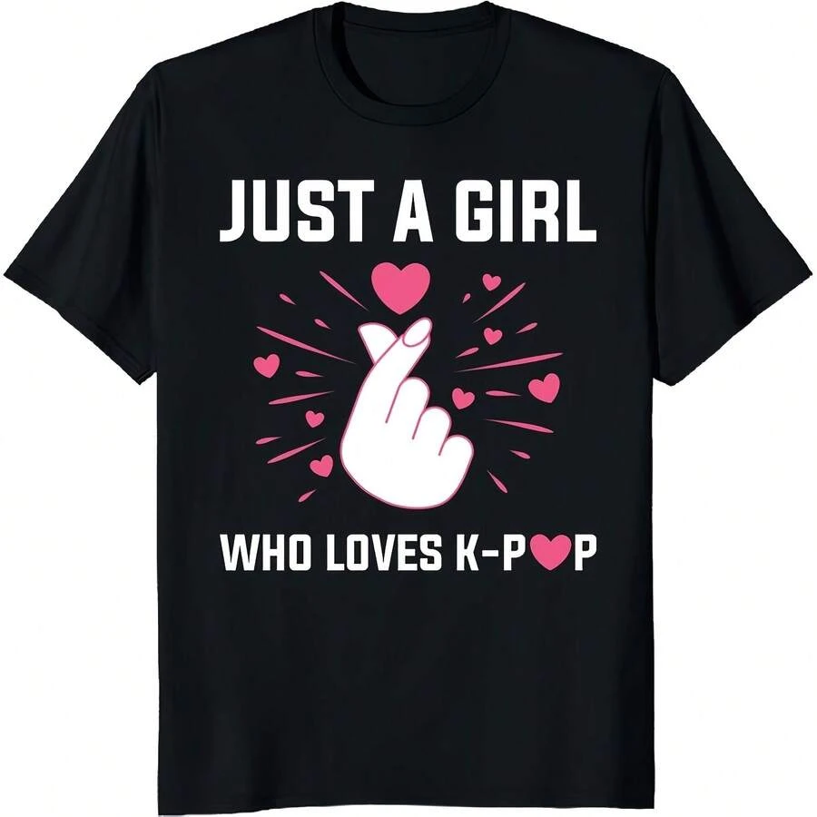 Just A Girl Who Loves K-Pop T-Shirt - Leuk K-Pop Fan T-Shirsthetic Y1343K Style Summer Top, Loose Fitting T-Shirt For Outdoor, Home, Work Or Street Leisure, Soft And Durable Pure Cotton Fabric, Retro And Soft Design, I Gift For , Fashionable And Comfortable Shirt For Travel, Festivals Or Weekends - Black - View 1