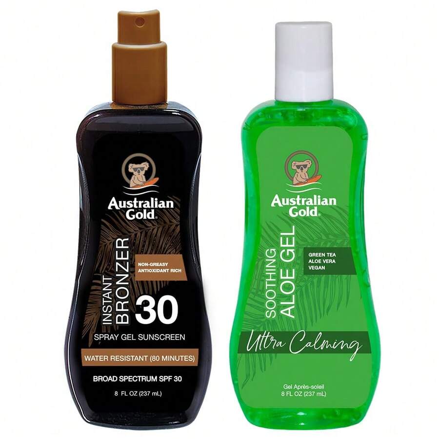 Australian Gold Sunscreen Gel Spray With Bronzer + Soothing After Sun Aloe Vera Gel, Hydrating Sunburn Relief &Amp; Broad Spectrum UVA/UVB SPF 15 Sunscreen Spray, Water Resistant, Vegan Skin Care Set - White - View 1