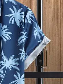 2pcs/Set Plus Size Men's Coconut Tree Digital Print Button-Down Casual Shirt And Solid Color Drawstring Shorts Summer Outfit, Fashion Versatile Suitable For Dates, Beach, Vacation - Blue - View 4