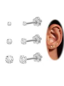 Flower Flat Back Earrings For Women, 14K Gold Cartilage Earring Tragus Helix Small Hypoallergenic Titanium Steel Screw Back Earrings CZ/Ball/Pearl/Dot/Heart/Cross/Butterfly Stud Earrings Jewelry Gift For Her